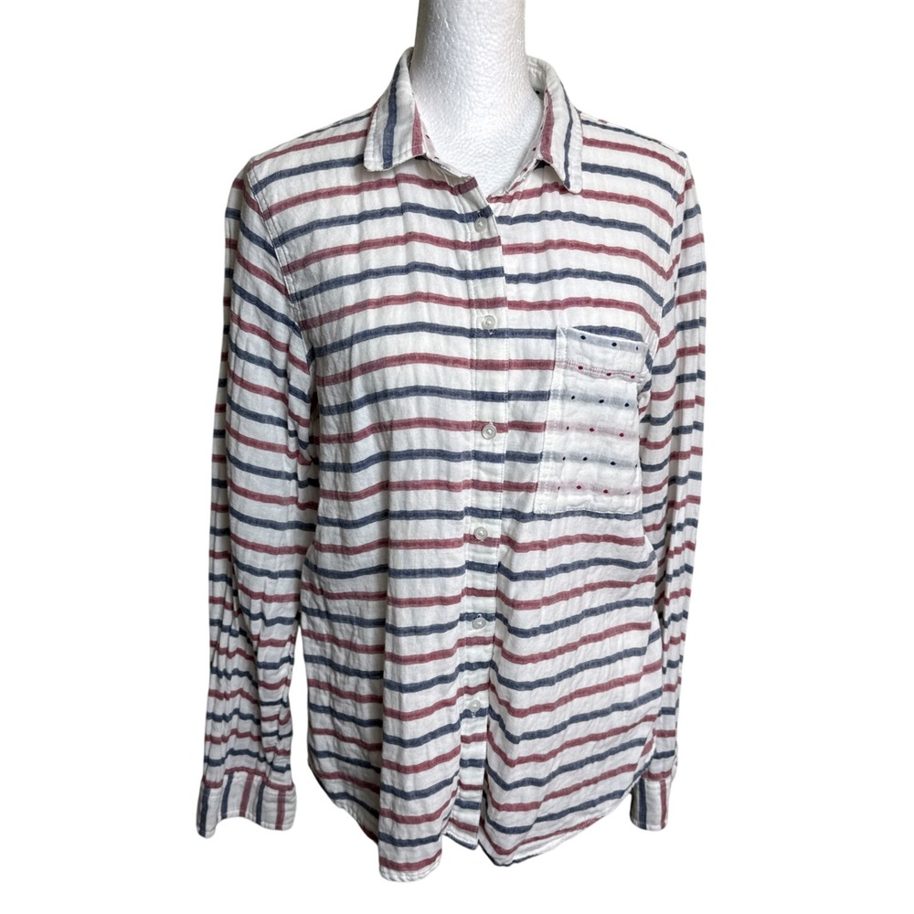 Madewell Stripe Dot Cotton Button Down Shirt‎ Medium White Red Blue Casual